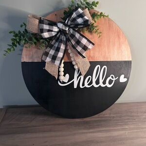Wooden Hello Sign with Bow and Greenery
